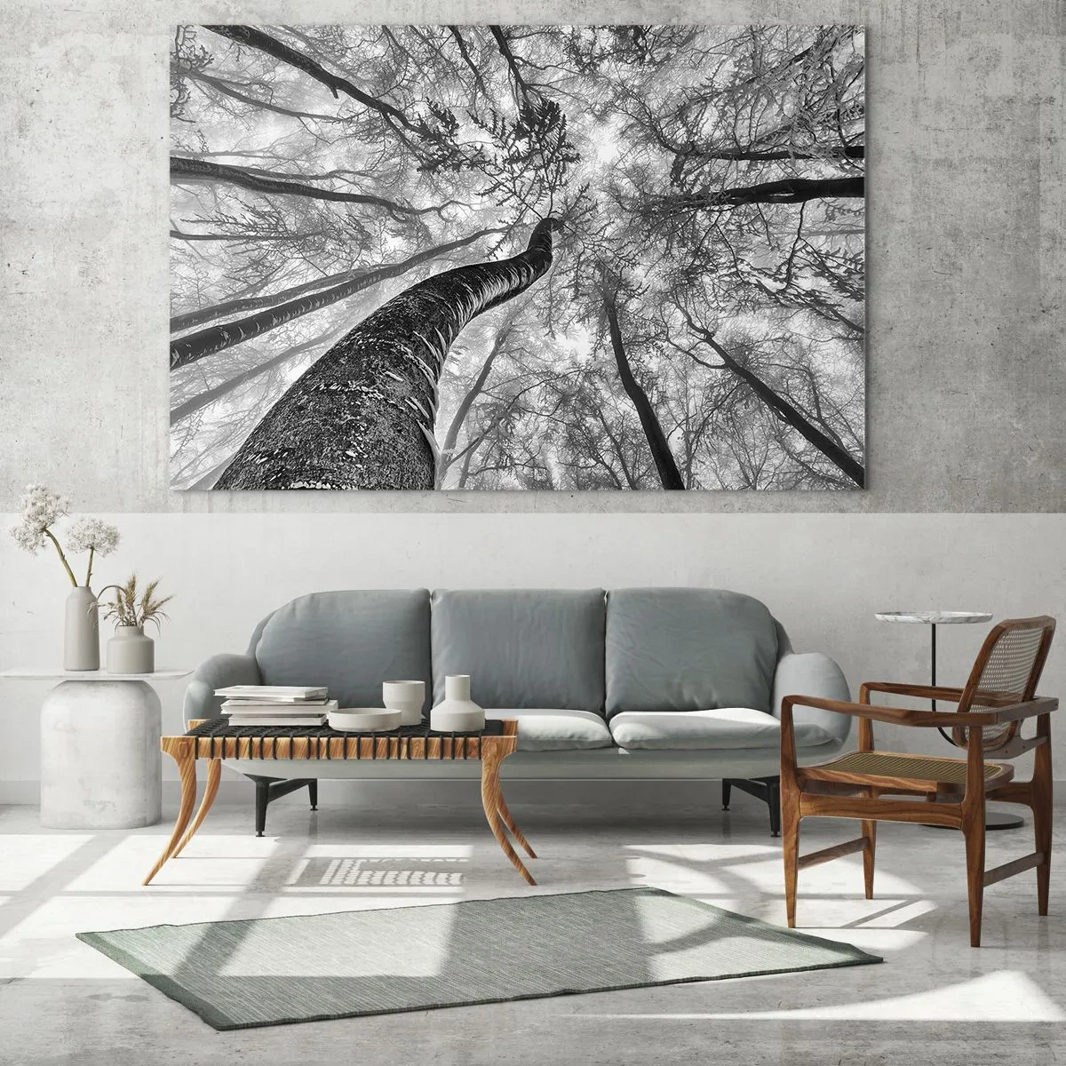 Quadro em vidro - Árvores em preto e branco fotografadas de baixo para cima em direção ao céu - 70x50cm - Corrida até a luz - Decoração de parede moderna para a sala de estar e quarto ARTTOR