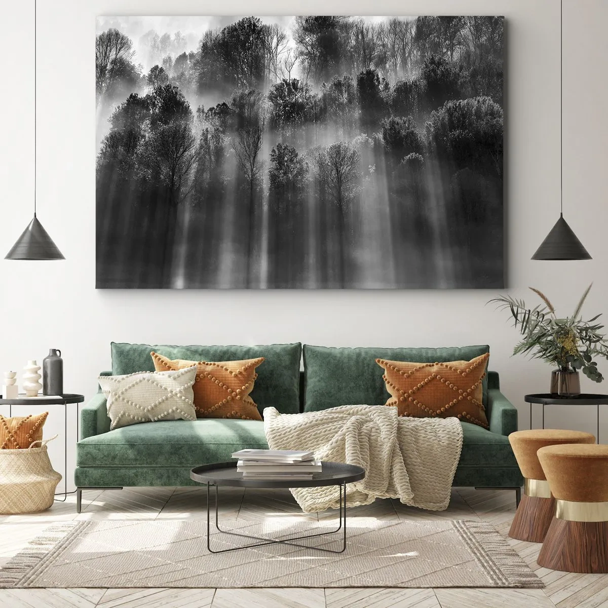 Quadro em tela - Floresta preta e branca na luz da manhã - 70x50cm - Em correntes de luz - Decoração de parede moderna para a sala de estar e quarto ARTTOR