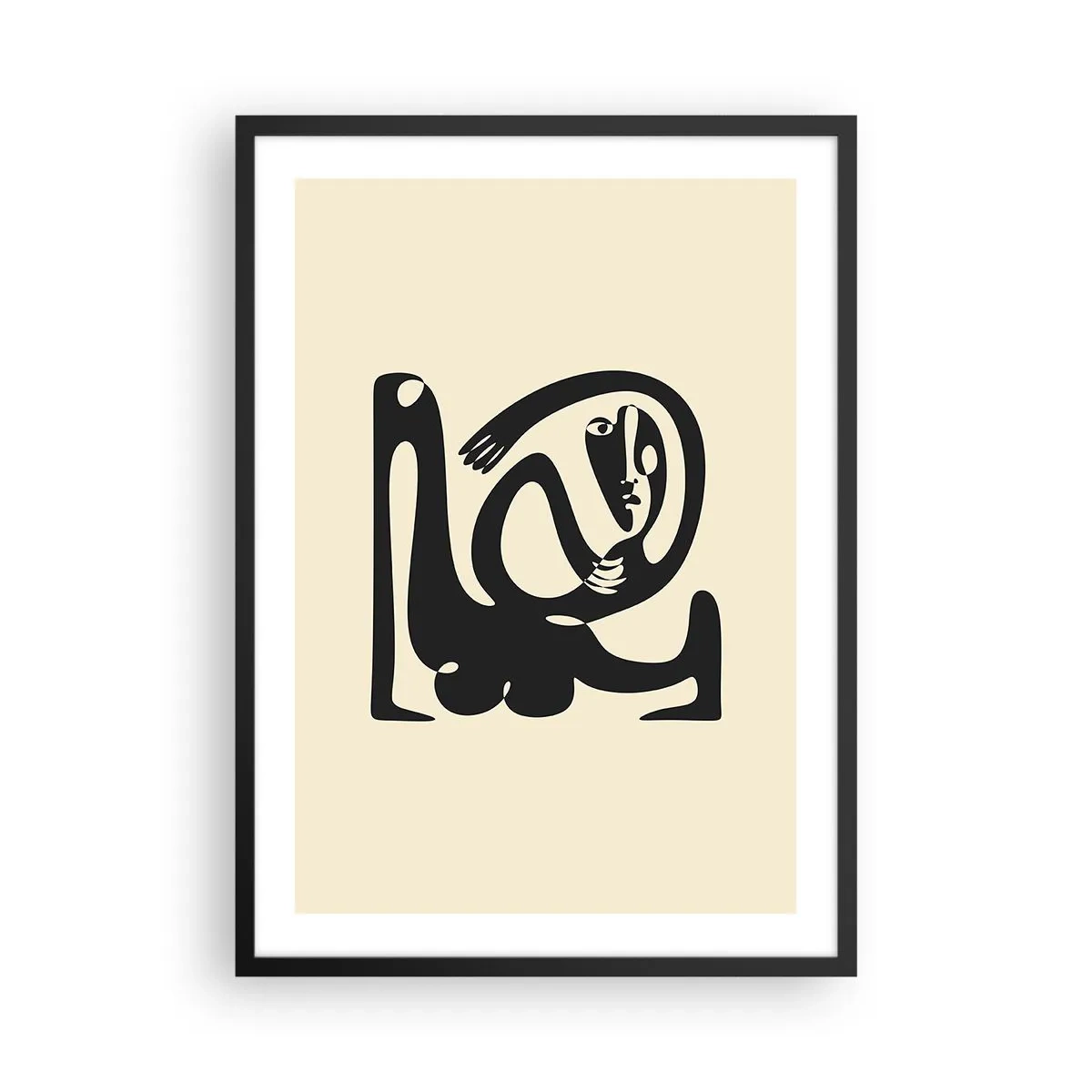 Pôster com moldura preta - Figura abstrata em fundo bege com linhas pretas - 50x70cm - Quase Picasso - Decoração de parede moderna para a sala de estar e quarto ARTTOR