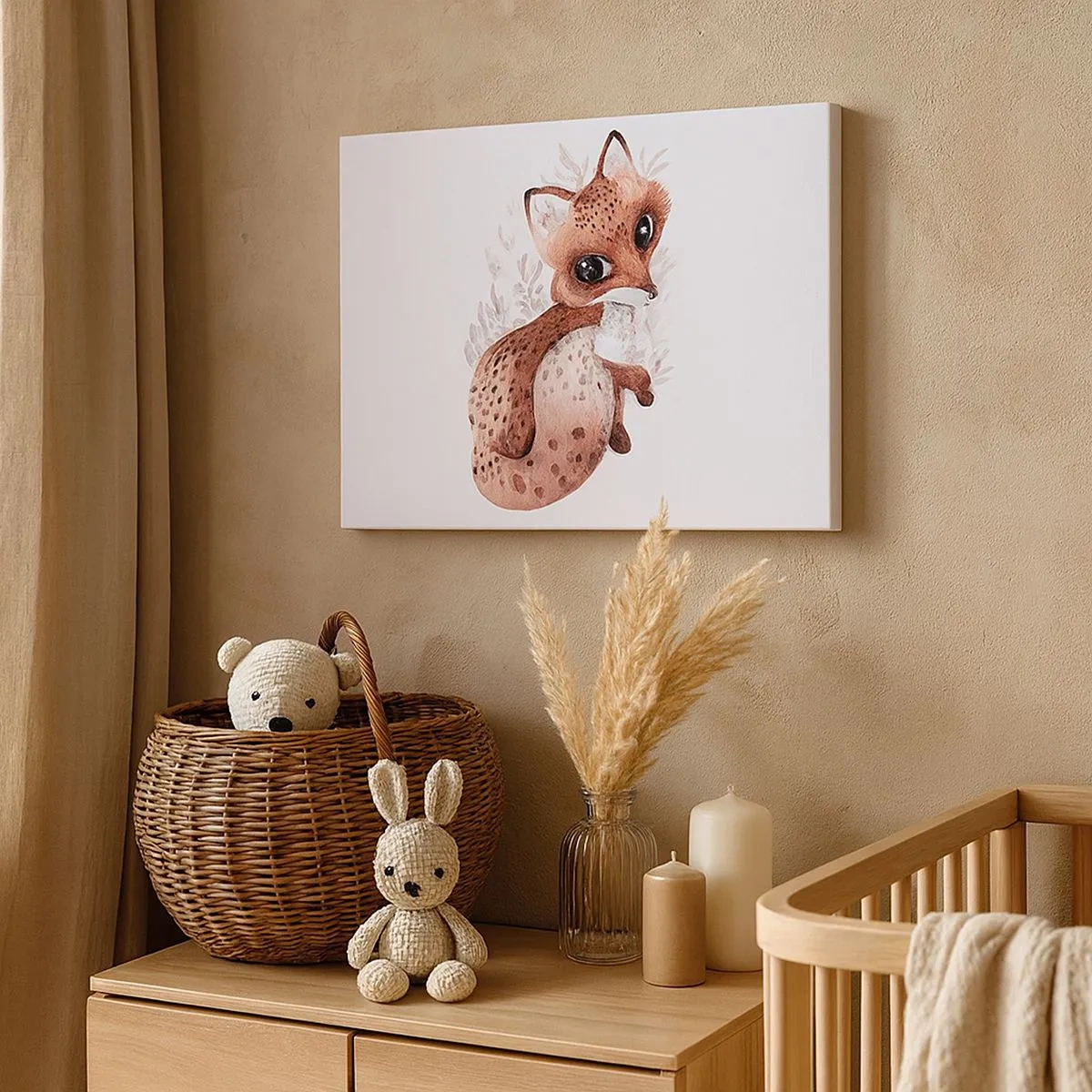 Quadro em tela - Uma linda raposa em aquarela sobre um fundo claro - 70x50cm - Como não amar - Decoração de parede moderna para a sala de estar e quarto ARTTOR