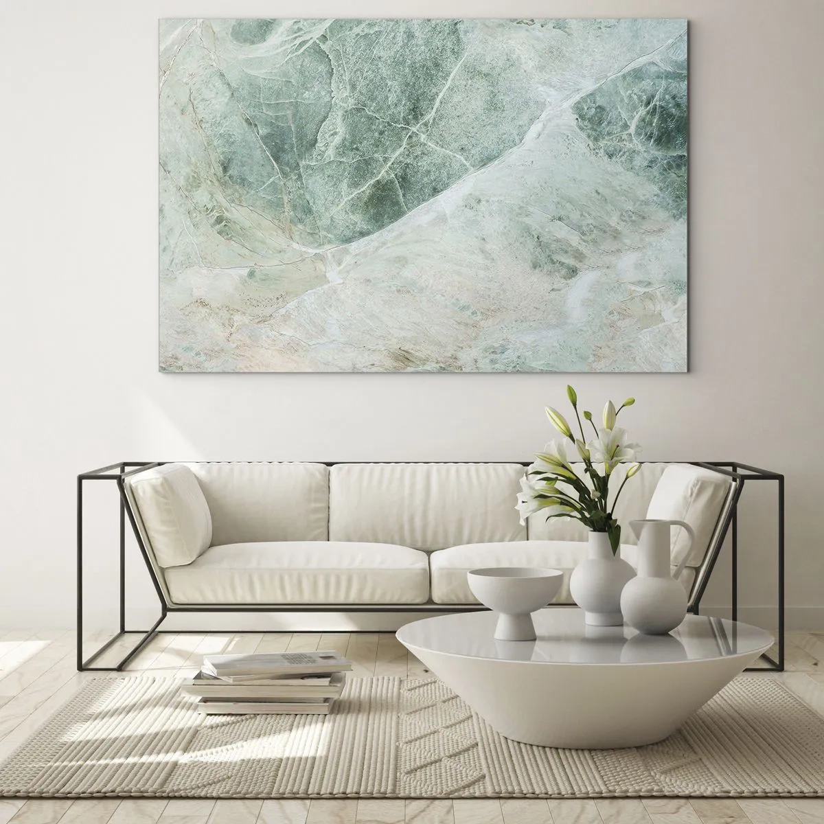 Quadro em vidro - Textura verde-bege que lembra pedra natural - 70x50cm - A nobre frieza da pedra - Decoração de parede moderna para a sala de estar e quarto ARTTOR