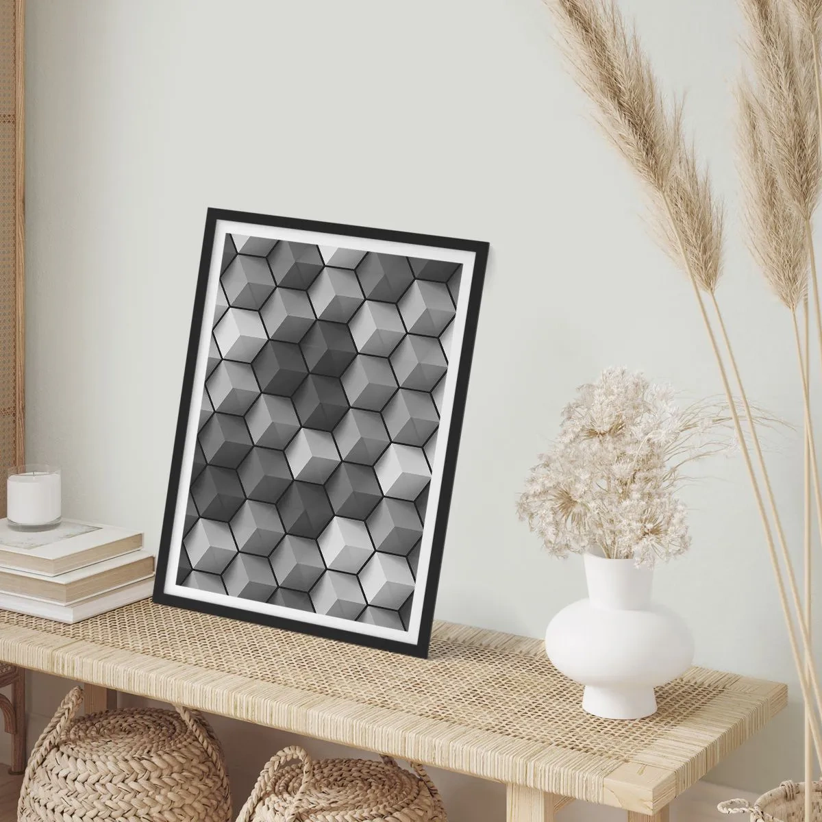 Pôster com moldura preta - Composição em preto e branco de cubos geométricos 3D - 50x70cm - Quebra-cabeça cubista - Decoração de parede moderna para a sala de estar e quarto ARTTOR