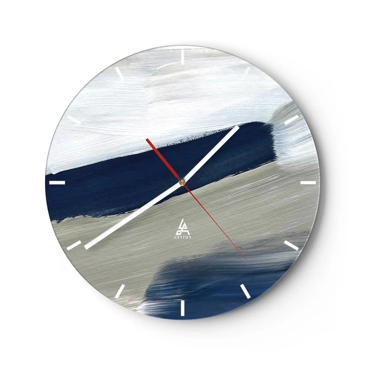Relógio de parede - Relógio em vidro - Pinceladas abstratas em branco e azul marinho - 30x30cm - Encontro com a brancura - Decoração de parede moderna para a sala de estar, cozinha e quarto ARTTOR