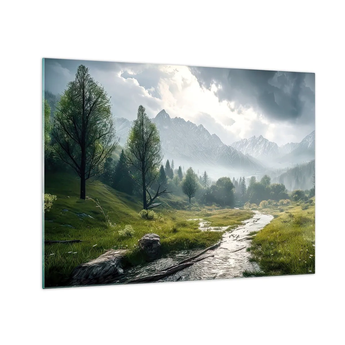 Quadro em vidro - Uma paisagem montanhosa com um riacho e um vale verde pela manhã - 70x50cm - Ida e volta - Decoração de parede moderna para a sala de estar e quarto ARTTOR