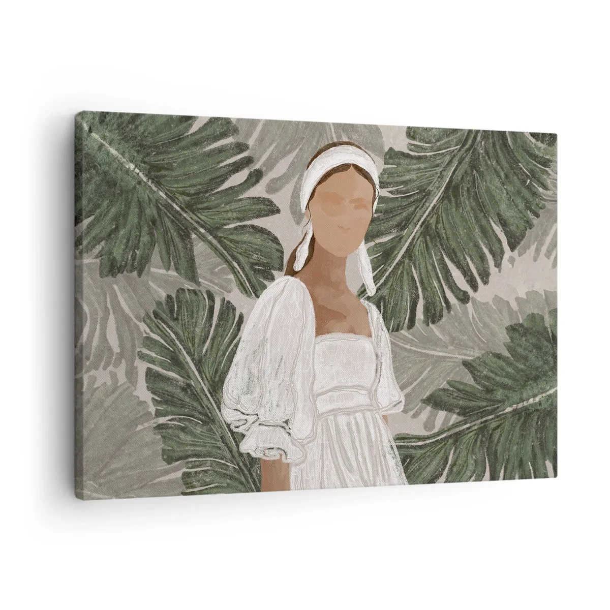 Quadro em tela - Retrato de uma mulher em um vestido branco contra um fundo de folhas de monstera - 70x50cm - Retrato exótico - Decoração de parede moderna para a sala de estar e quarto ARTTOR