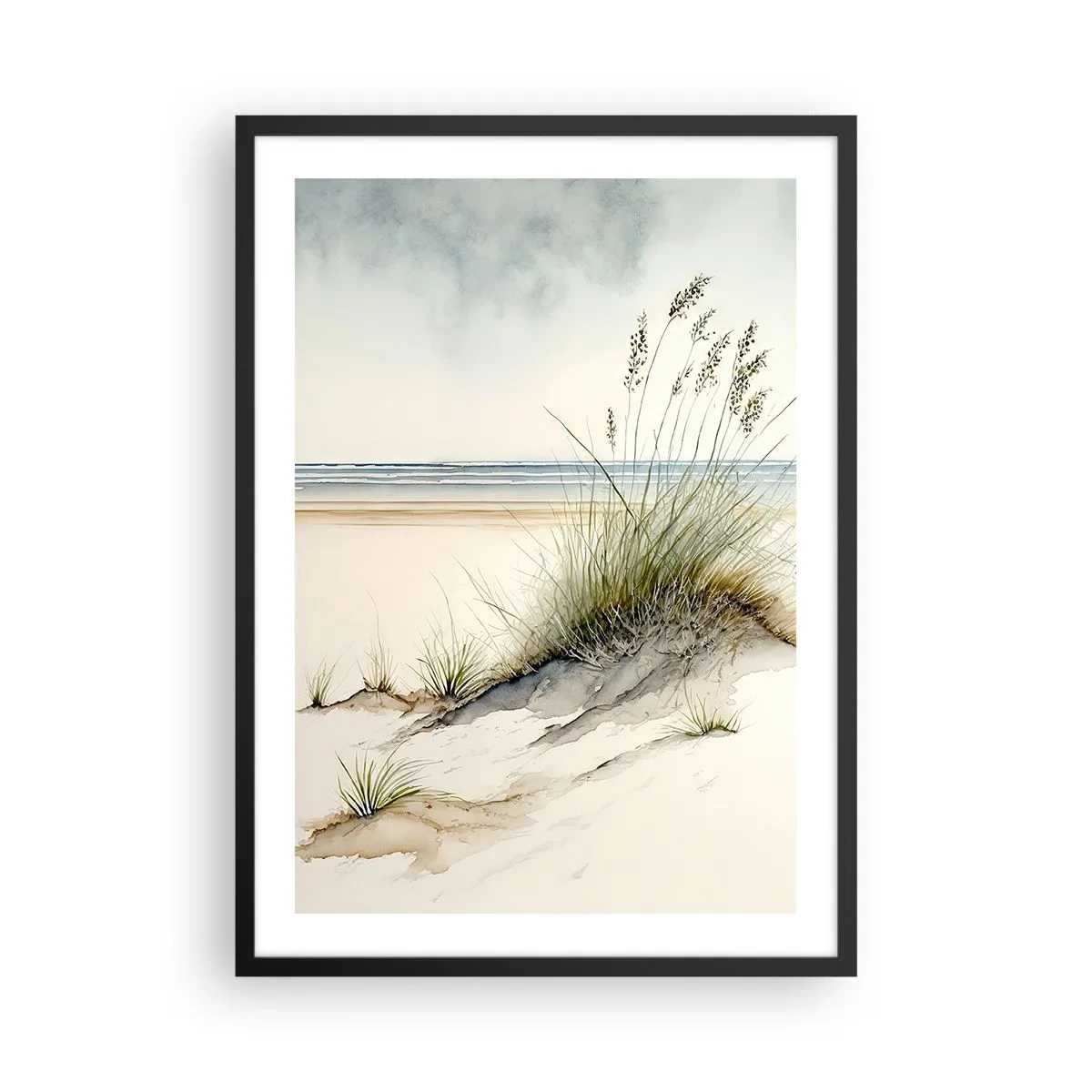 Pôster com moldura preta - Acariciadas pelo vento - ervas nas dunas da praia - 50x70cm - Mimado pelo vento - Decoração de parede moderna para a sala de estar e quarto ARTTOR
