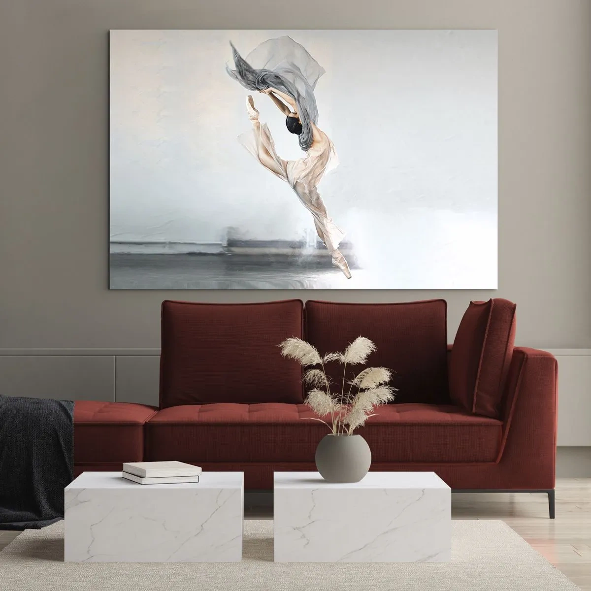 Quadro em vidro - Uma bailarina executa um salto dinâmico sob luz suave. - 70x50cm - Na exultação da dança - Decoração de parede moderna para a sala de estar e quarto ARTTOR
