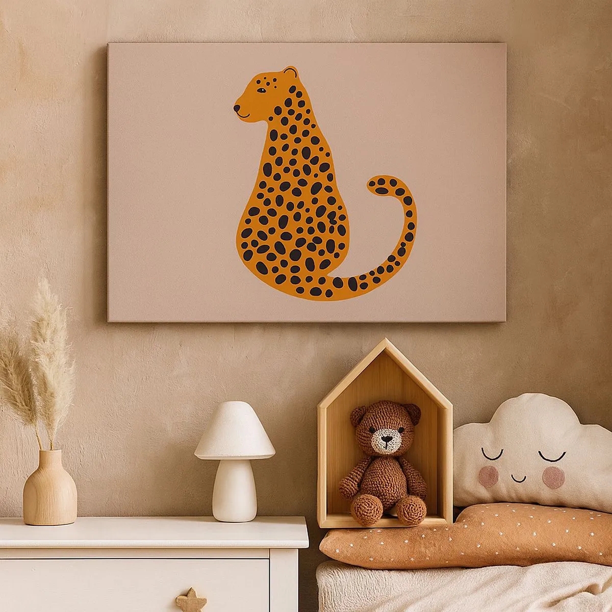 Quadro em tela - Um desenho minimalista de uma pantera em um fundo bege - 70x50cm - A estampa de leopardo está na moda - Decoração de parede moderna para a sala de estar e quarto ARTTOR