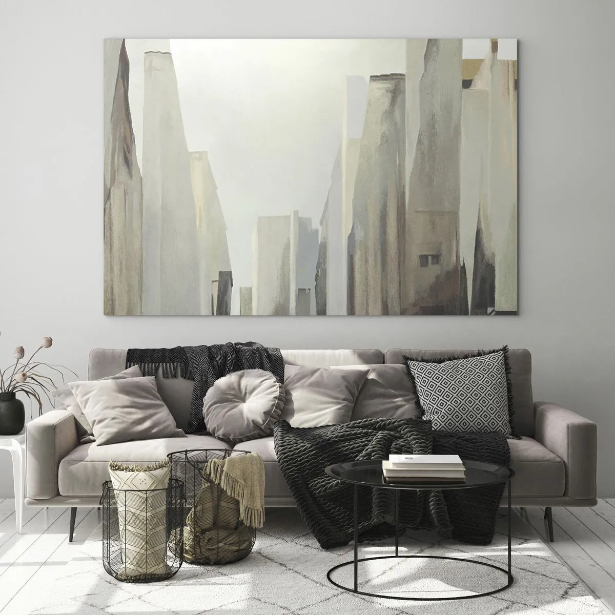 Quadro em vidro - Uma visão abstrata de edifícios urbanos em uma paleta suave - 70x50cm - Sonho com a cidade - Decoração de parede moderna para a sala de estar e quarto ARTTOR