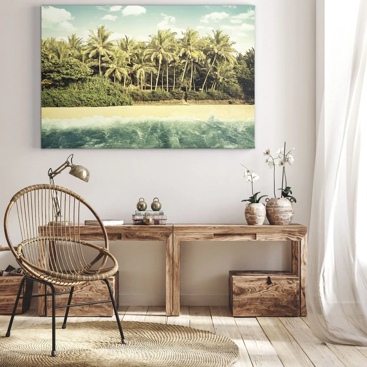 Quadro em tela - Praia tropical com palmeiras e mar azul-turquesa - 70x50cm - Ou talvez aqui? - Decoração de parede moderna para a sala de estar e quarto ARTTOR