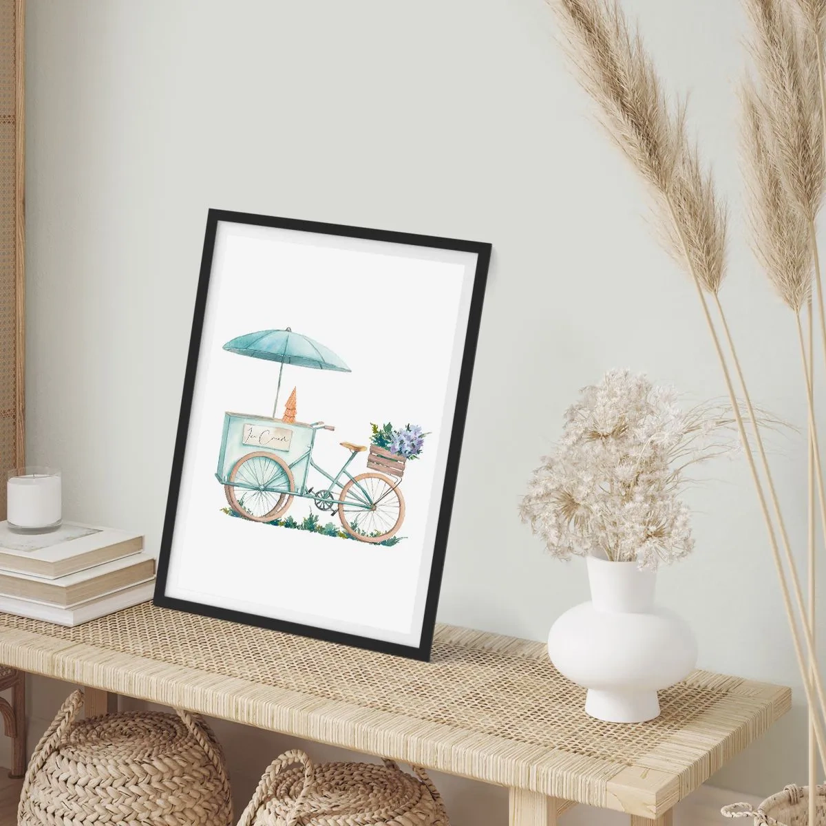 Pôster com moldura preta - Ilustração em aquarela de uma bicicleta com sorvete e flores - 50x70cm - Doce lembrança do verão - Decoração de parede moderna para a sala de estar e quarto ARTTOR