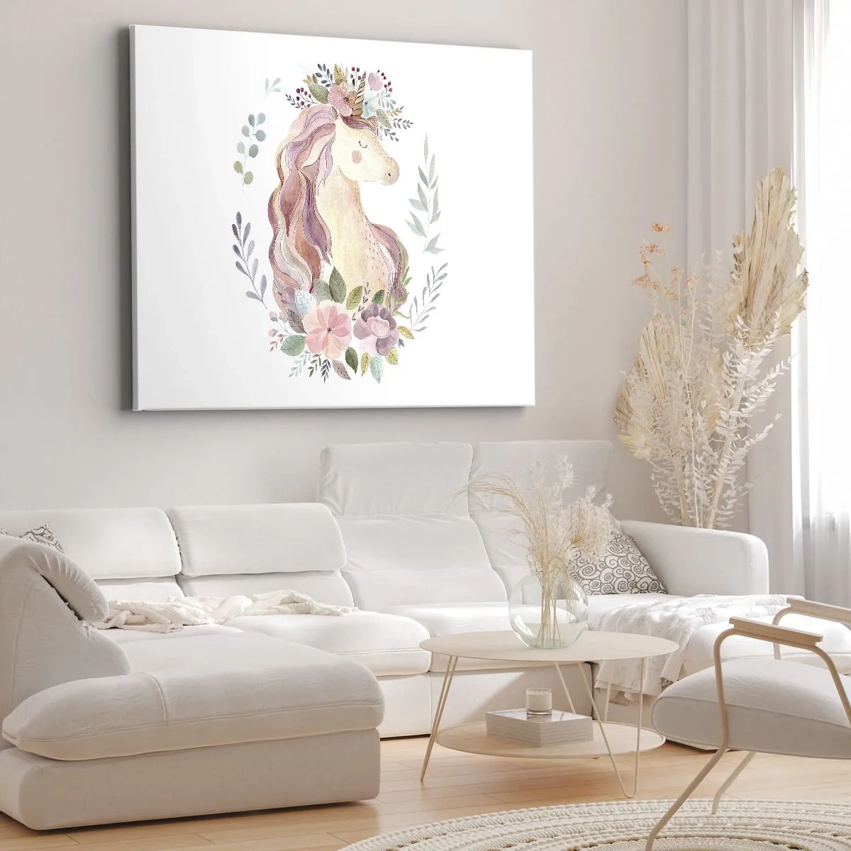 Quadro em tela - Um unicórnio em tons pastéis cercado por flores - 70x50cm - Um convite ao mundo dos contos de fadas - Decoração de parede moderna para a sala de estar e quarto ARTTOR