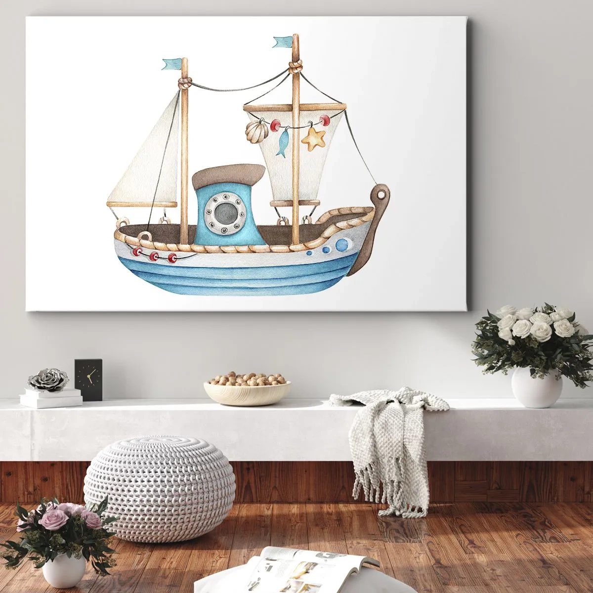 Quadro em tela - Ilustração de um navio em cores pastel sobre fundo branco - 70x50cm - Vamos a isso! - Decoração de parede moderna para a sala de estar e quarto ARTTOR