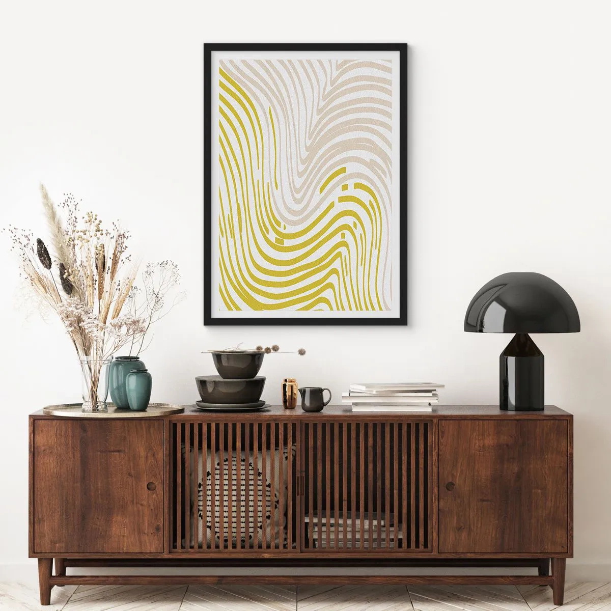 Pôster com moldura preta - Uma composição abstrata de linhas onduladas em tons de bege e amarelo. - 50x70cm - Uma composição com uma curvatura suave - Decoração de parede moderna para a sala de estar e quarto ARTTOR