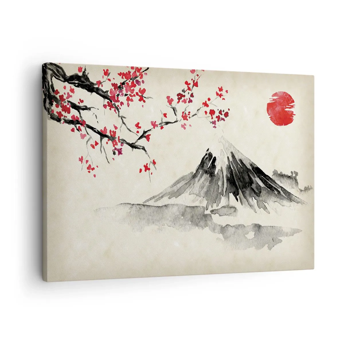 Quadro em tela - Uma paisagem pitoresca com uma montanha, flores de cerejeira e sol - 70x50cm - Ame o Japão - Decoração de parede moderna para a sala de estar e quarto ARTTOR