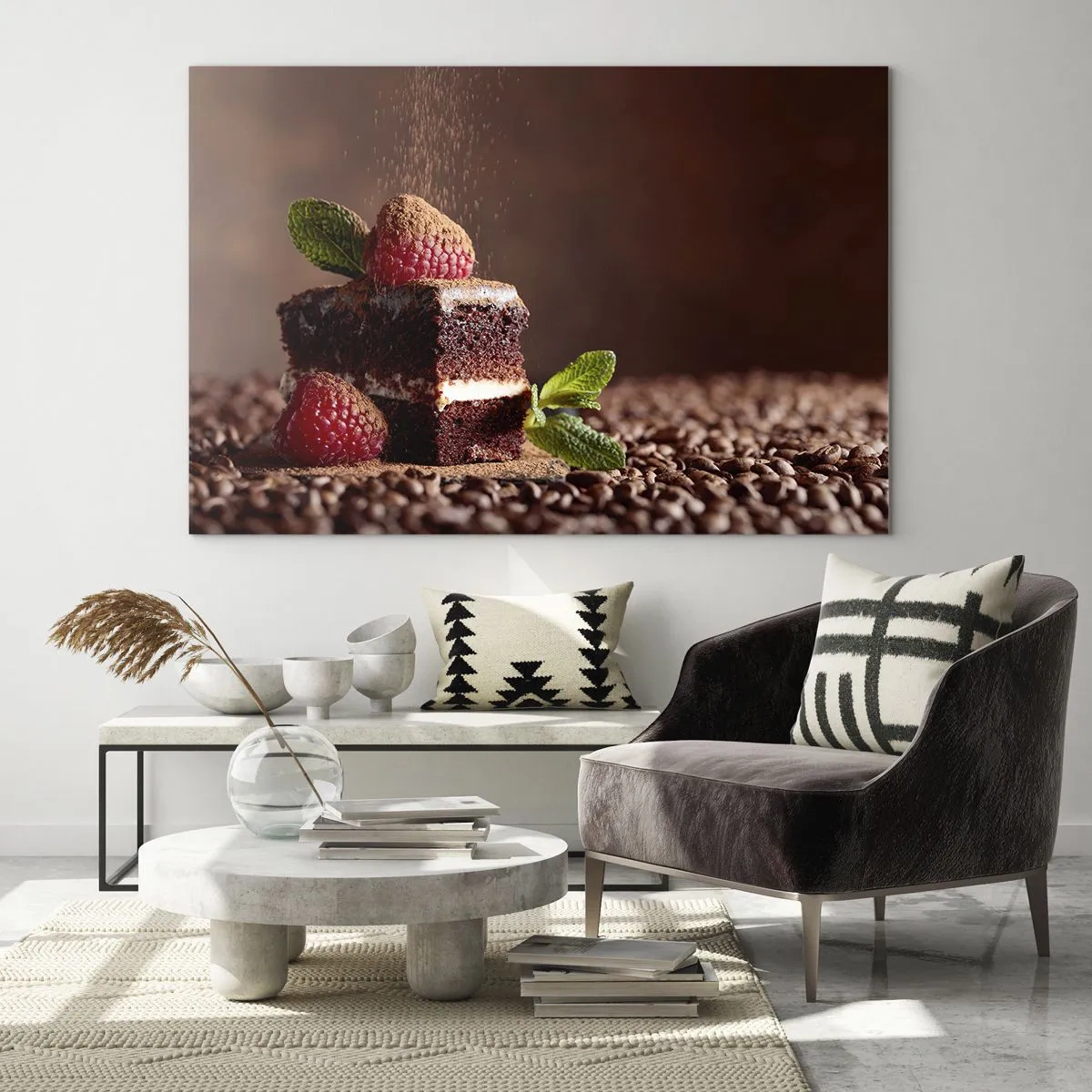 Quadro em vidro - Sobremesa de chocolate com framboesas e folhas de hortelã - 70x50cm - A vida é doce - Decoração de parede moderna para a sala de estar e quarto ARTTOR