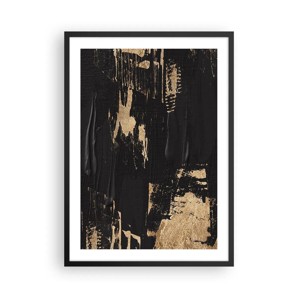 Pôster com moldura preta - Composição de pintura abstrata em preto e dourado - 50x70cm - Rastro de toque - Decoração de parede moderna para a sala de estar e quarto ARTTOR