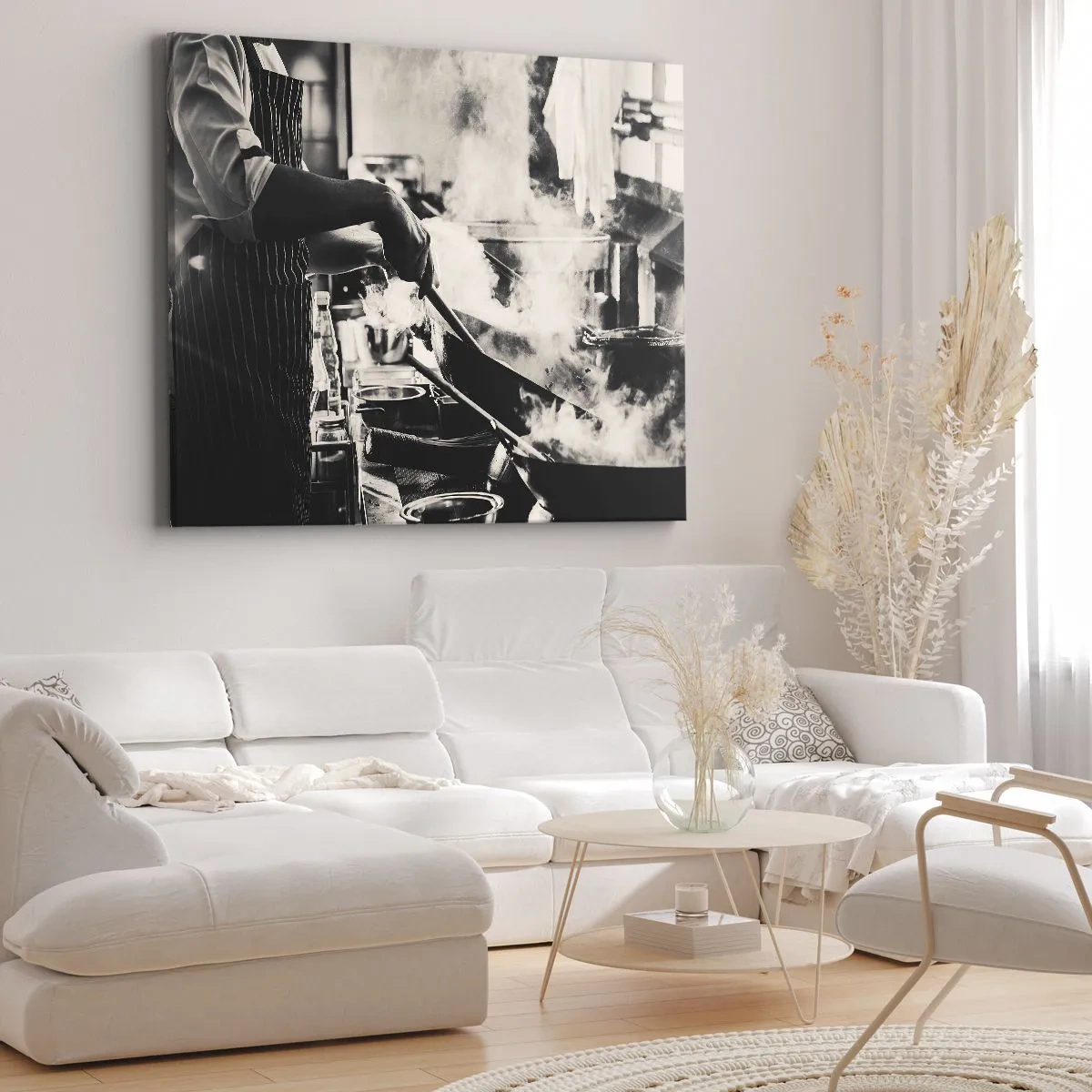 Quadro em tela - Um chef trabalhando na cozinha com vapor saindo de uma frigideira - 70x50cm - Alquimia de sabores - Decoração de parede moderna para a sala de estar e quarto ARTTOR