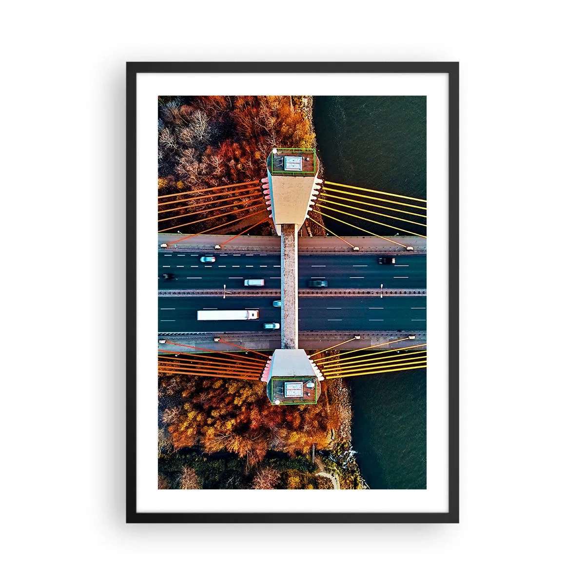 Pôster com moldura preta - Vista superior de uma ponte moderna com carros e cordas amarelas - 50x70cm - Além das águas, além das florestas - Decoração de parede moderna para a sala de estar e quarto ARTTOR