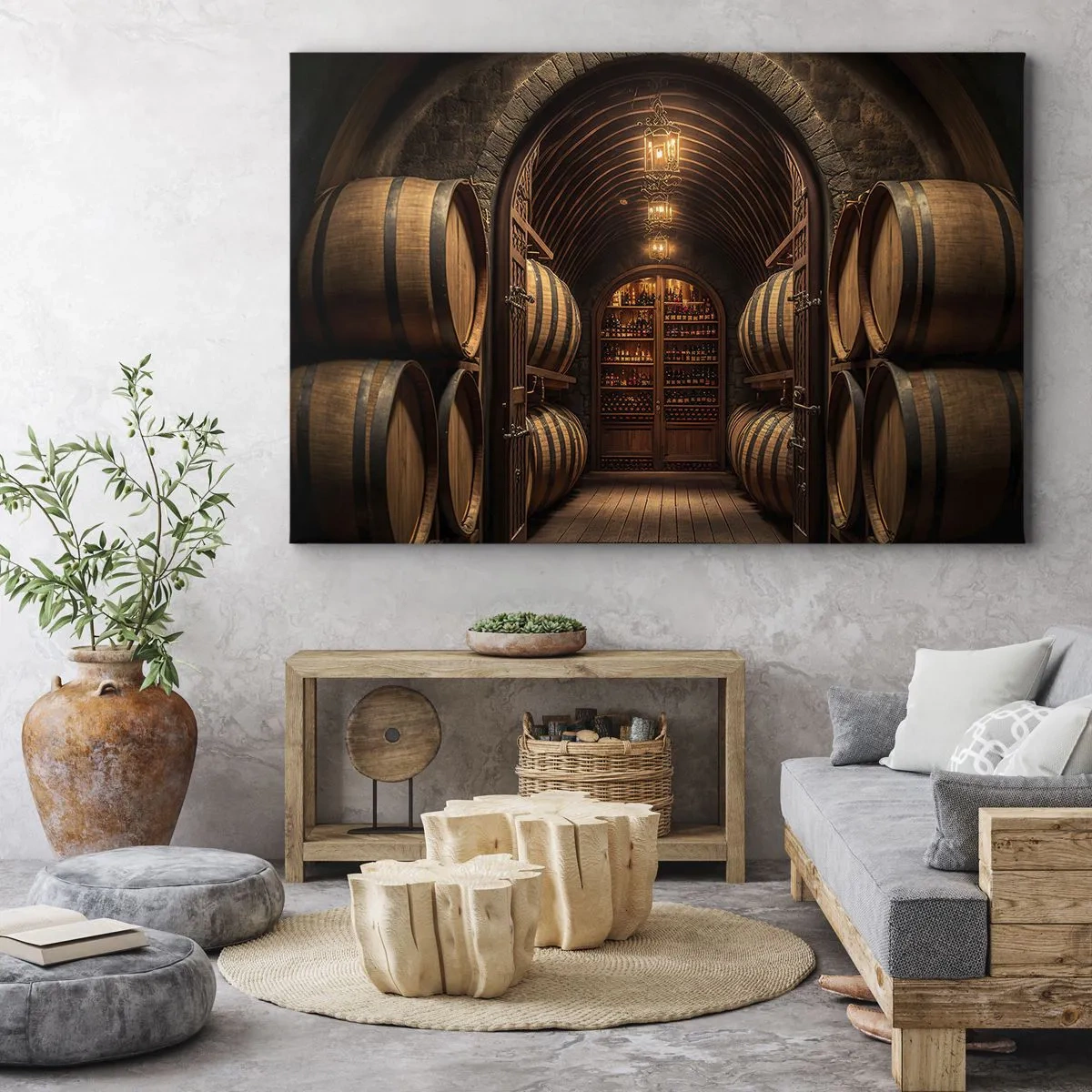 Quadro em tela - Adega com barricas de madeira e prateleiras para vinhos - 70x50cm - Porão atmosférico - Decoração de parede moderna para a sala de estar e quarto ARTTOR