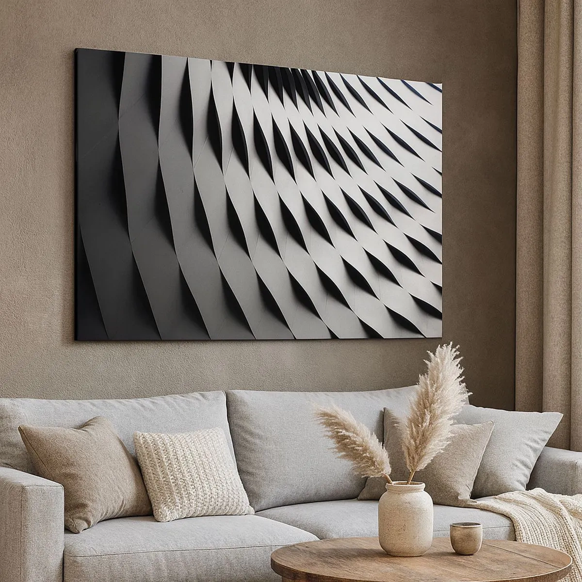 Quadro em tela - Padrão geométrico abstrato em tons de preto e branco - 70x50cm - Na superfície das ondas - Decoração de parede moderna para a sala de estar e quarto ARTTOR