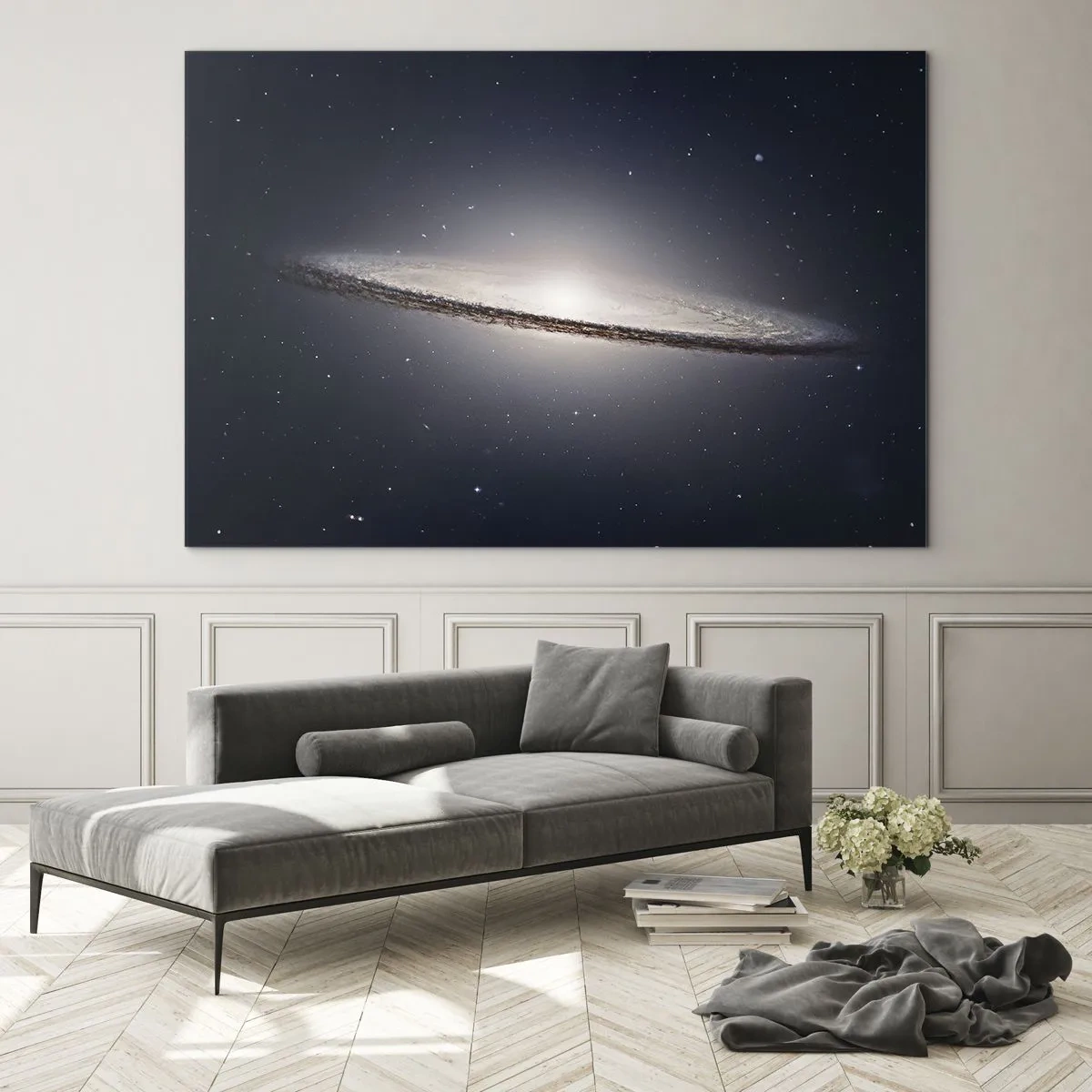 Quadro em vidro - Uma galáxia espiral flutuando no espaço - 70x50cm - Há muito tempo atrás, em uma galáxia muito, muito distante... - Decoração de parede moderna para a sala de estar e quarto ARTTOR