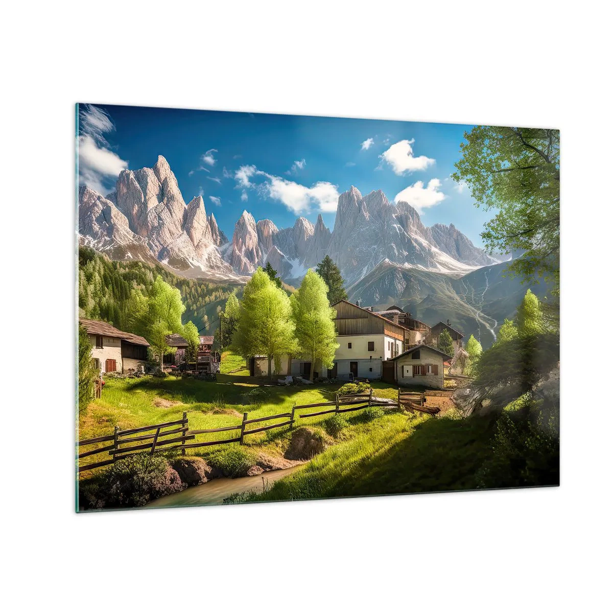 Quadro em vidro - Desenvolvimento rural em meio à vegetação ao pé dos picos alpinos - 70x50cm - Idílio alpino - Decoração de parede moderna para a sala de estar e quarto ARTTOR