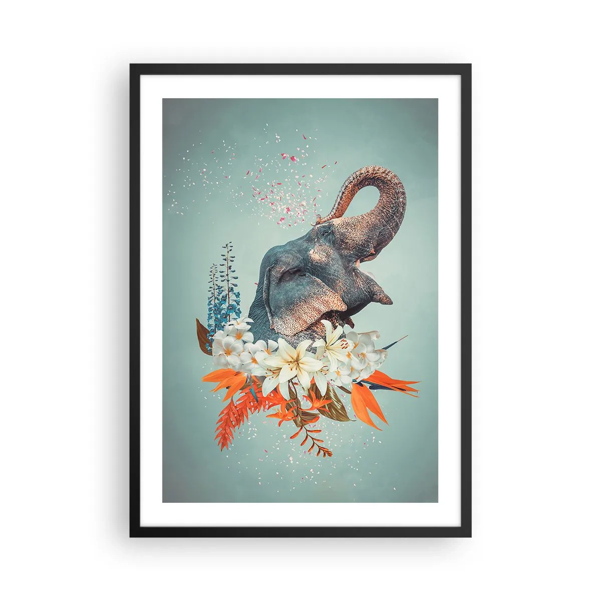 Pôster com moldura preta - Um elefante entre flores em uma composição surreal - 50x70cm - Um rugido de alegria - Decoração de parede moderna para a sala de estar e quarto ARTTOR