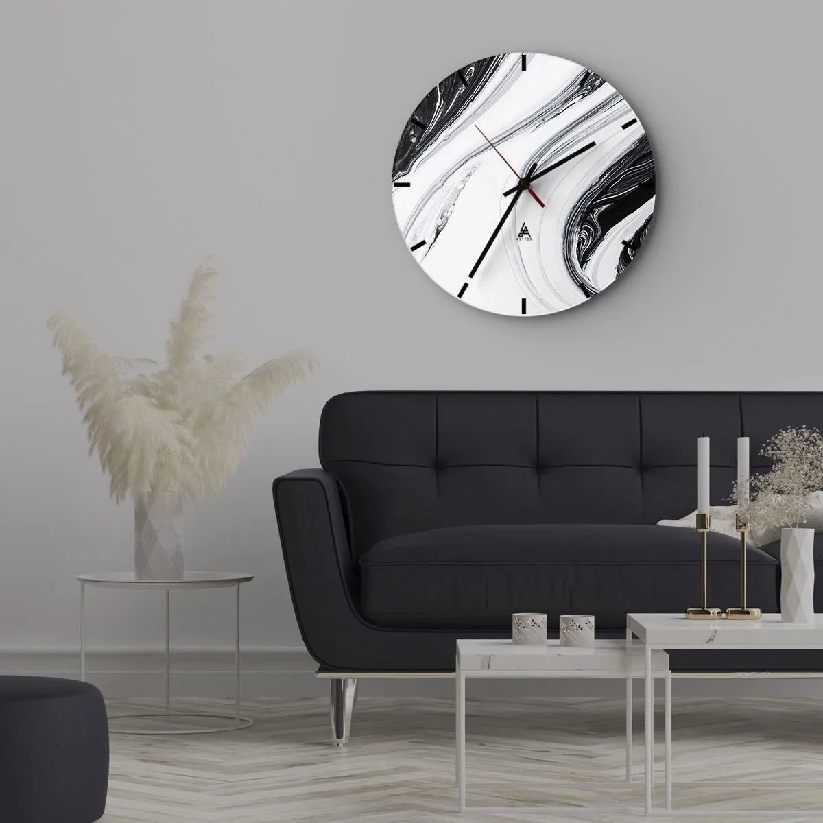 Relógio de parede - Relógio em vidro - Linhas abstratas em preto e branco criam um padrão fluido e contrastante. - 30x30cm - Uma combinação de opostos - Decoração de parede moderna para a sala de estar, cozinha e quarto ARTTOR
