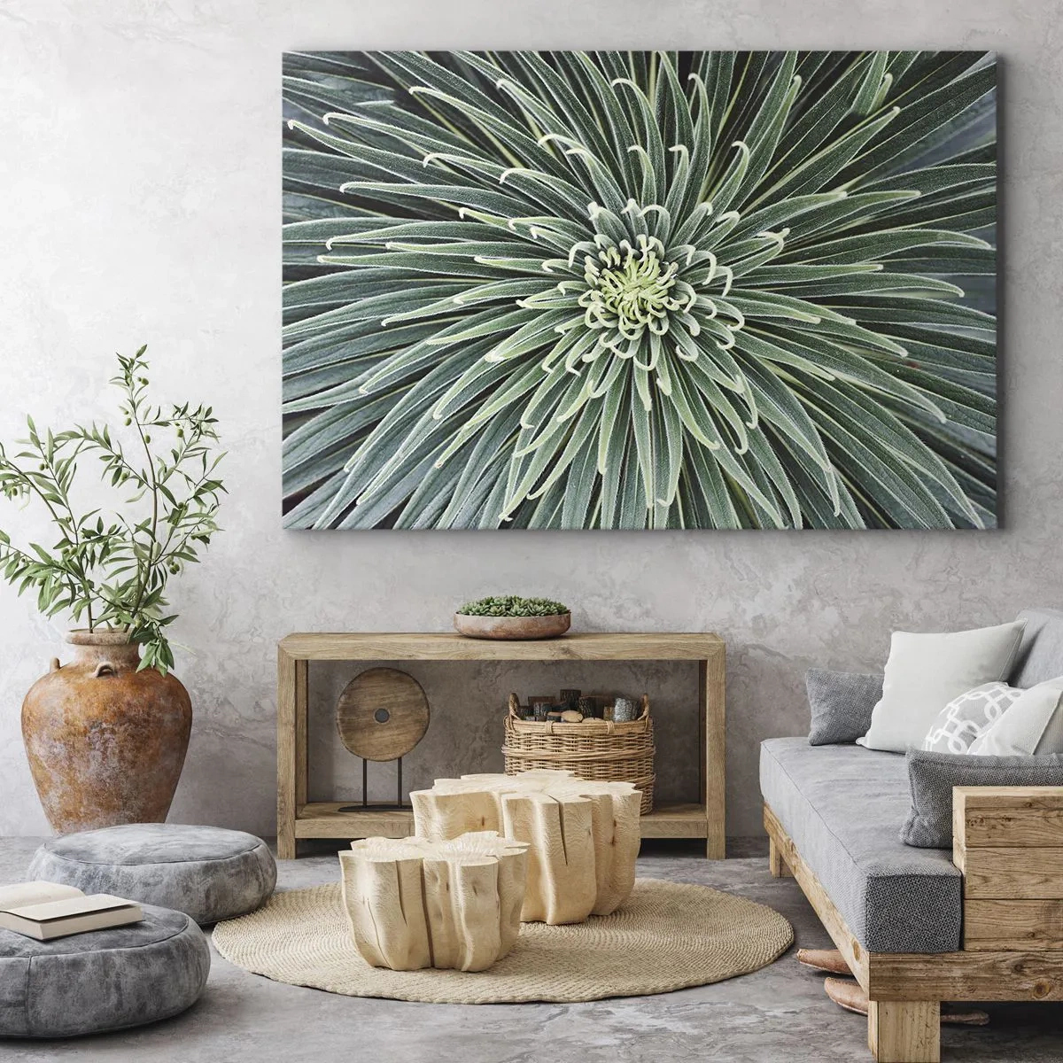 Quadro em tela - Arranjo simétrico de folhas verdes lembrando uma estrela - 70x50cm - Nasce uma estrela - Decoração de parede moderna para a sala de estar e quarto ARTTOR