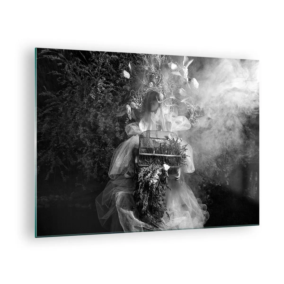 Quadro em vidro - Mulher com vestido de tule gaiola e coroa de plantas em preto e branco - 70x50cm - A própria mãe – natureza - Decoração de parede moderna para a sala de estar e quarto ARTTOR