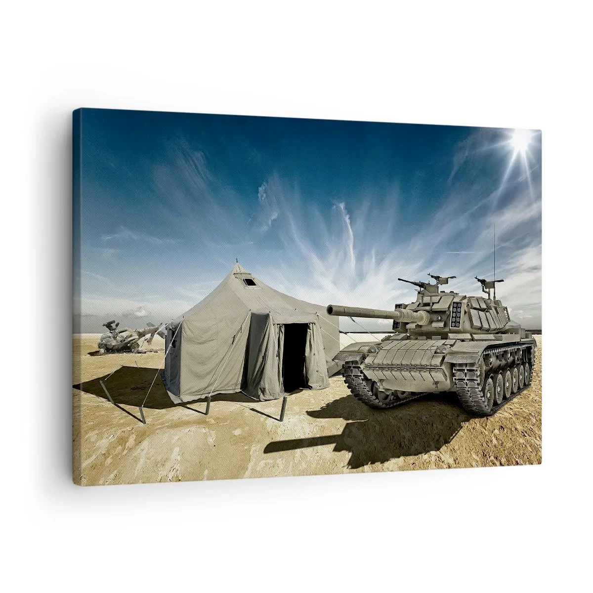 Quadro em tela - Um tanque ao lado de uma tenda militar em uma área desértica - 70x50cm - Sonho militar - Decoração de parede moderna para a sala de estar e quarto ARTTOR