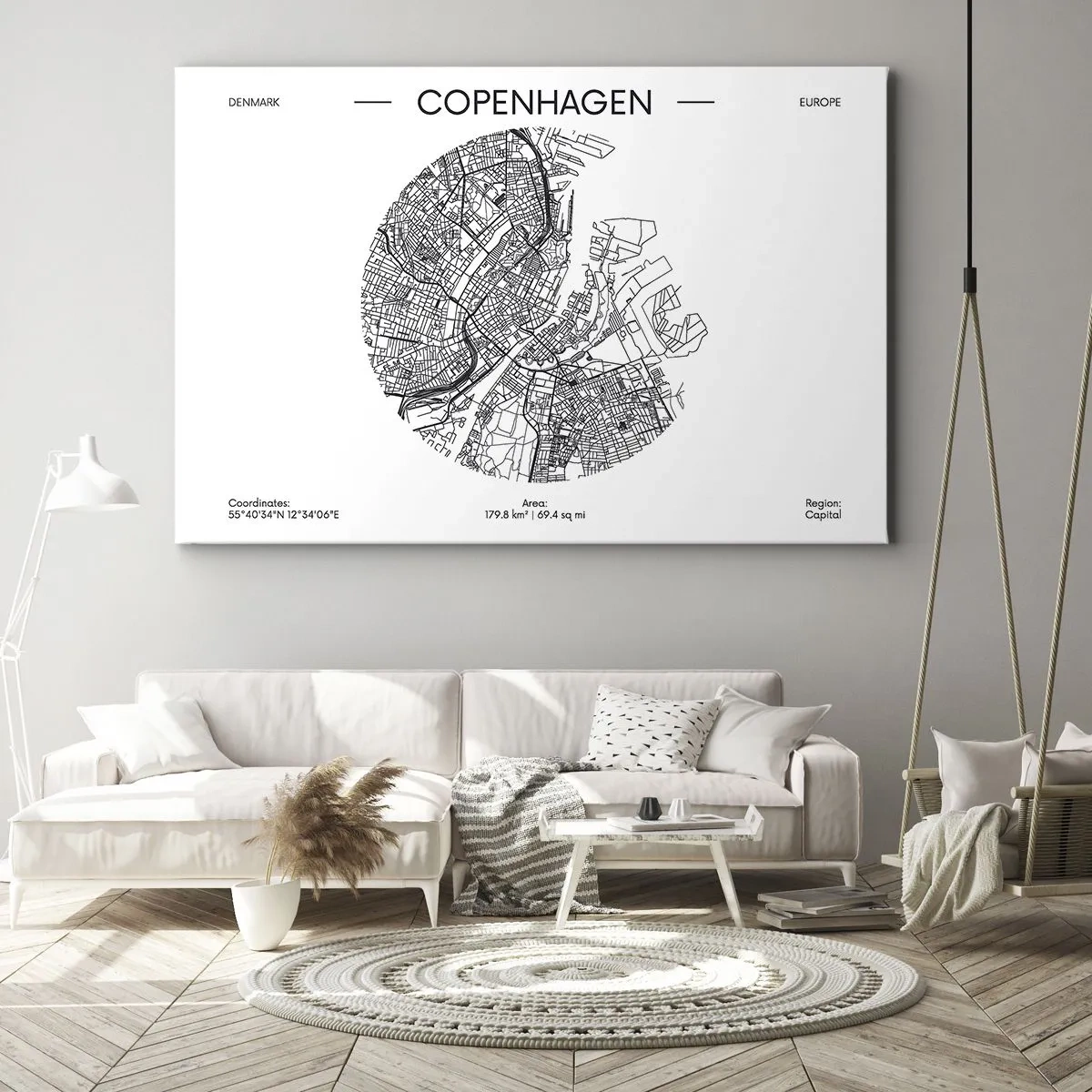 Quadro em tela - Um mapa de Copenhague em um estilo minimalista em preto e branco. - 70x50cm - Anatomia de Copenhague - Decoração de parede moderna para a sala de estar e quarto ARTTOR