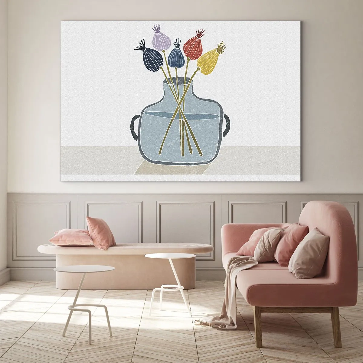 Quadro em vidro - Cabeças de papoula decorativas em uma jarra em estilo gráfico - 70x50cm - Como semeou a papoula - Decoração de parede moderna para a sala de estar e quarto ARTTOR