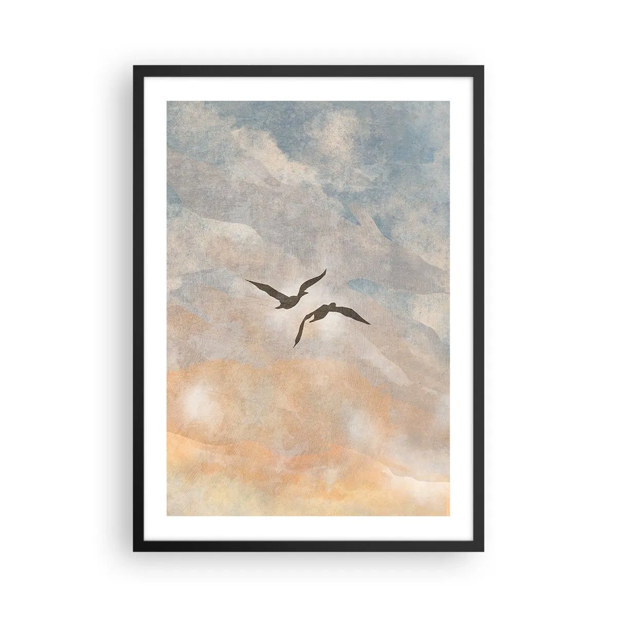 Pôster com moldura preta - Dois pássaros voando contra o céu, em delicados tons de azul e laranja. - 50x70cm - Dança do céu - Decoração de parede moderna para a sala de estar e quarto ARTTOR