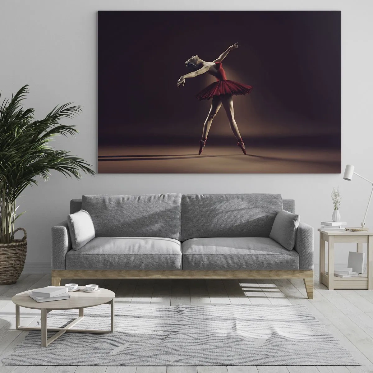 Quadro em vidro - Uma bailarina de vestido vermelho em pose dinâmica - 70x50cm - Prima ballerina - Decoração de parede moderna para a sala de estar e quarto ARTTOR