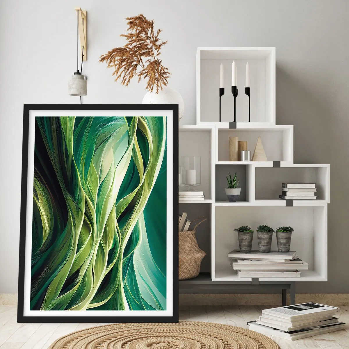 Pôster com moldura preta - Uma composição abstrata de formas orgânicas e verdes. - 50x70cm - Jogo verde abstrato - Decoração de parede moderna para a sala de estar e quarto ARTTOR