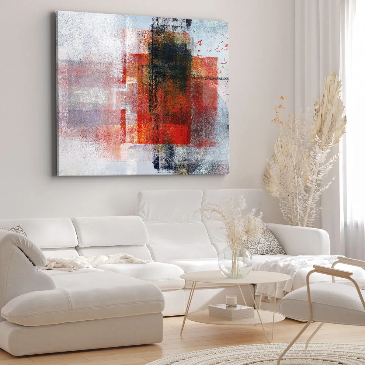 Quadro em tela - Composição geométrica abstrata com detalhes em vermelho e laranja - 70x50cm - A composição brilha - Decoração de parede moderna para a sala de estar e quarto ARTTOR