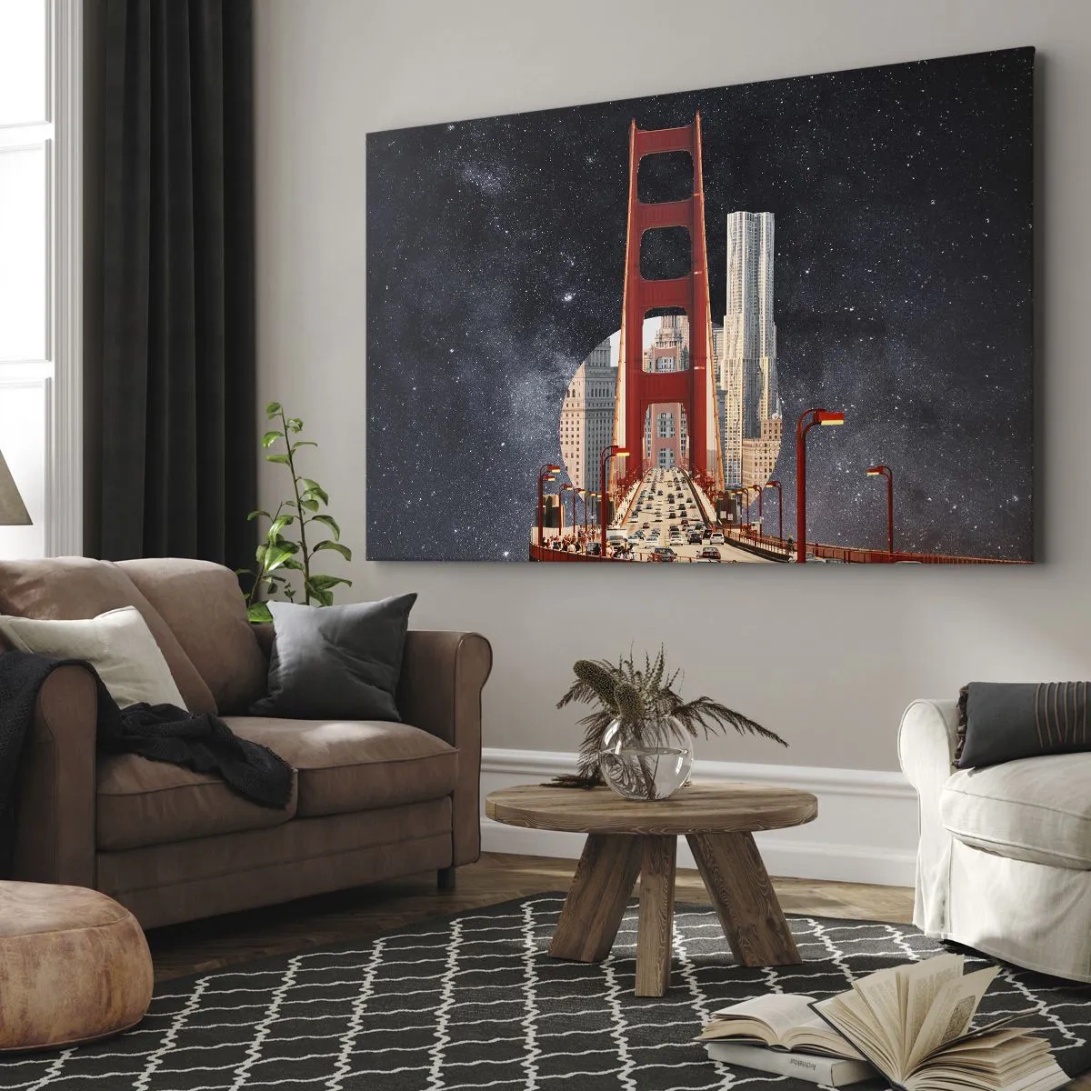 Quadro em tela - A Ponte Golden Gate com a cidade ao fundo contra um céu estrelado - 70x50cm - Sempre no centro - Decoração de parede moderna para a sala de estar e quarto ARTTOR