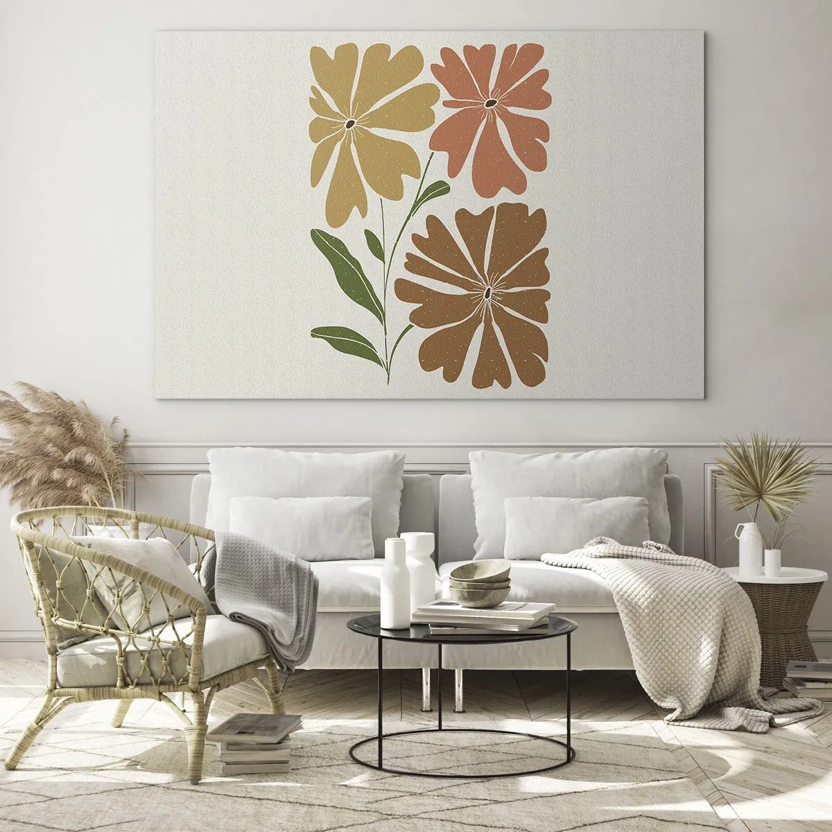 Quadro em vidro - Três flores estilizadas em cores quentes sobre fundo claro - 70x50cm - Natureza e geometria - Decoração de parede moderna para a sala de estar e quarto ARTTOR