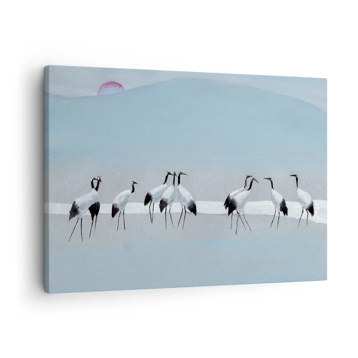 Quadro em tela - Um grupo de guindastes contra um céu azul e o sol nascente - 70x50cm - Depois de um dia quente - Decoração de parede moderna para a sala de estar e quarto ARTTOR