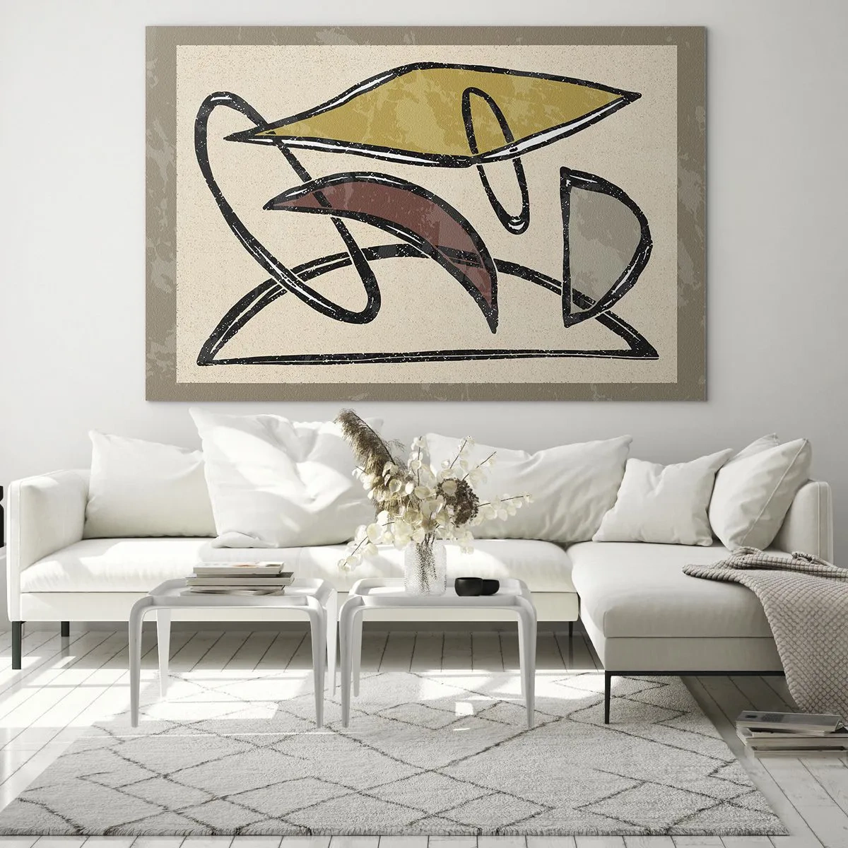 Quadro em vidro - Abstração geométrica em amarelo e vermelho - 70x50cm - Verticais e horizontais - Decoração de parede moderna para a sala de estar e quarto ARTTOR