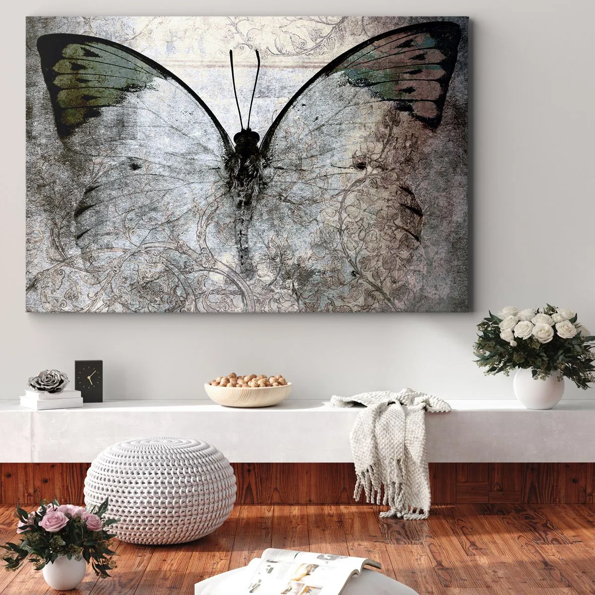 Quadro em tela - Uma borboleta em tons de verde e cinza sobre um fundo decorativo - 70x50cm - Estilo Art Nouveau - Decoração de parede moderna para a sala de estar e quarto ARTTOR