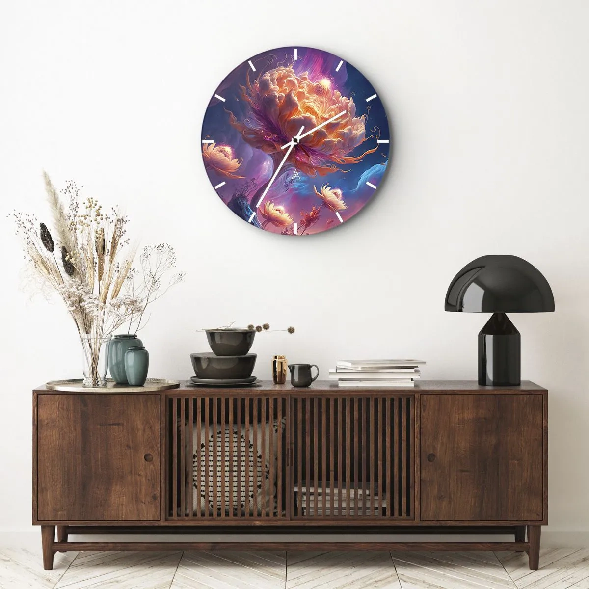 Relógio de parede - Relógio em vidro - Uma flor fantástica iluminada em uma paisagem cósmica - 30x30cm - Outro mundo - Decoração de parede moderna para a sala de estar, cozinha e quarto ARTTOR