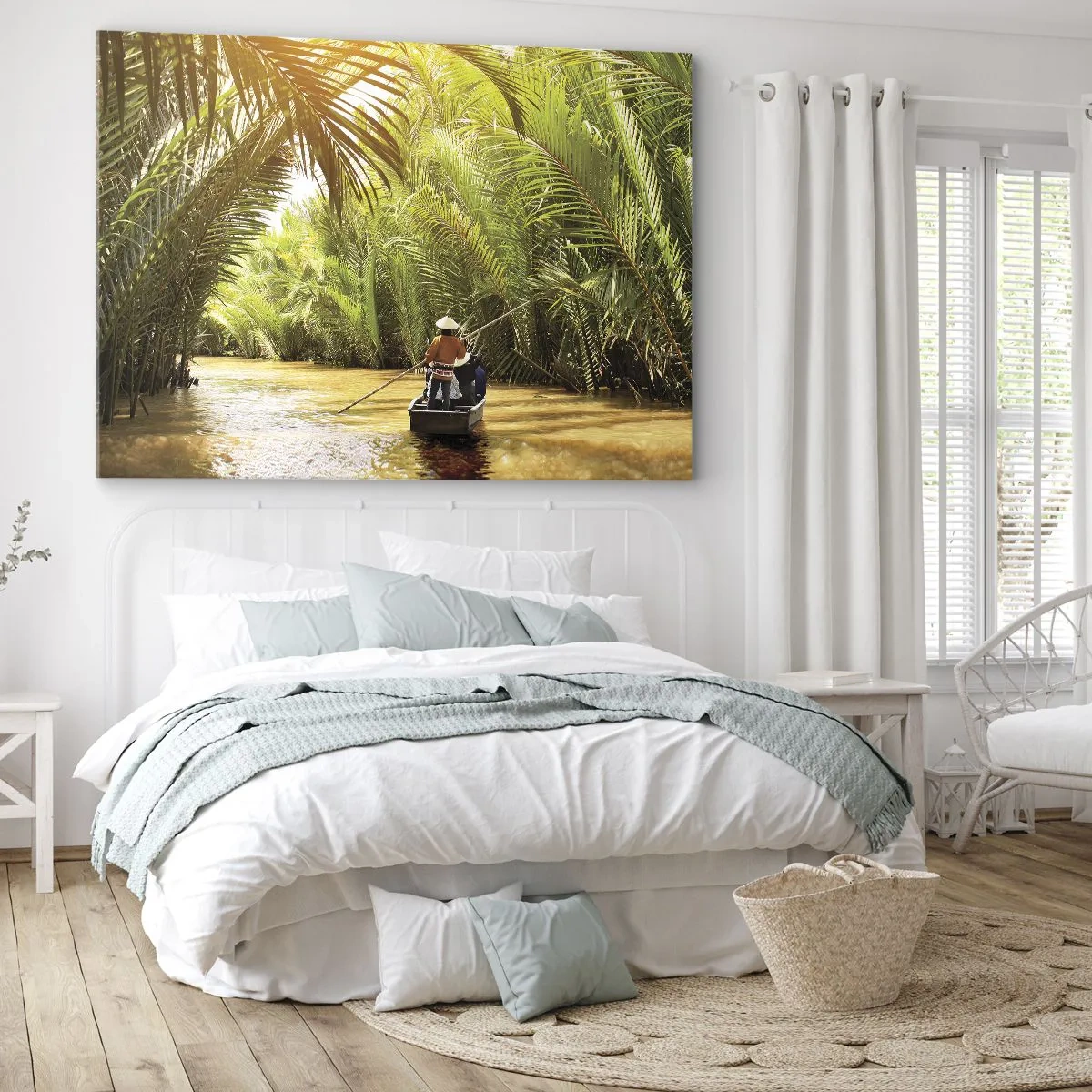 Quadro em tela - Um barco em um rio cercado por vegetação tropical - 70x50cm - Desfiladeiro das palmeiras - Decoração de parede moderna para a sala de estar e quarto ARTTOR