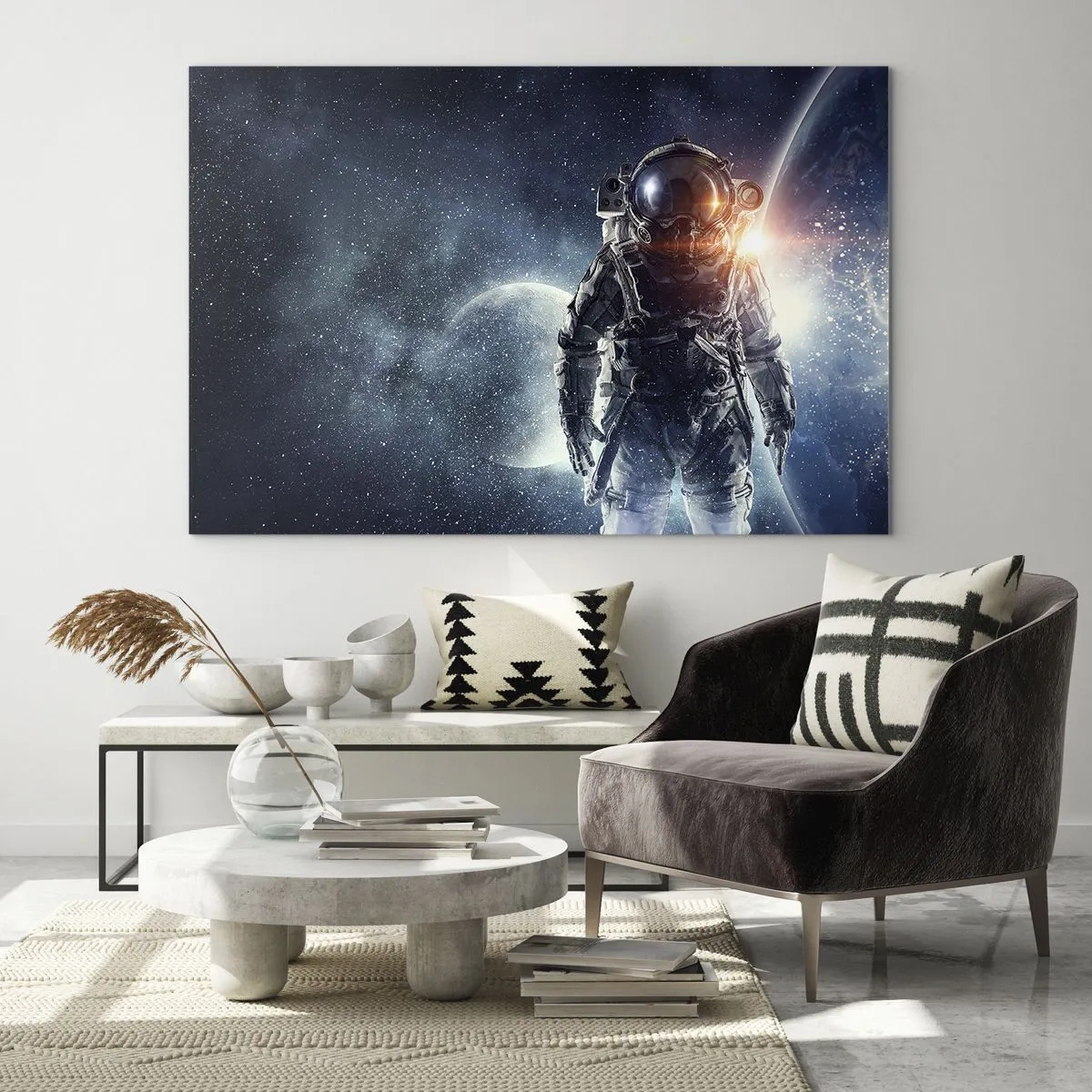 Quadro em vidro - Astronauta tendo como pano de fundo planetas e estrelas - 70x50cm - Aventura espacial - Decoração de parede moderna para a sala de estar e quarto ARTTOR