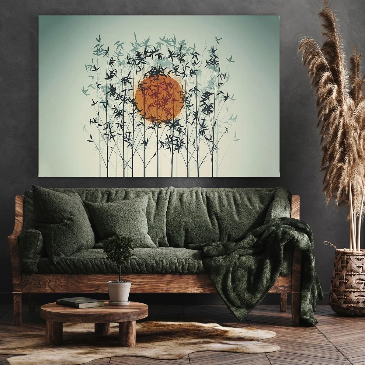 Quadro em tela - Sol laranja entre os galhos de bambu - 70x50cm - Sol japonês - Decoração de parede moderna para a sala de estar e quarto ARTTOR