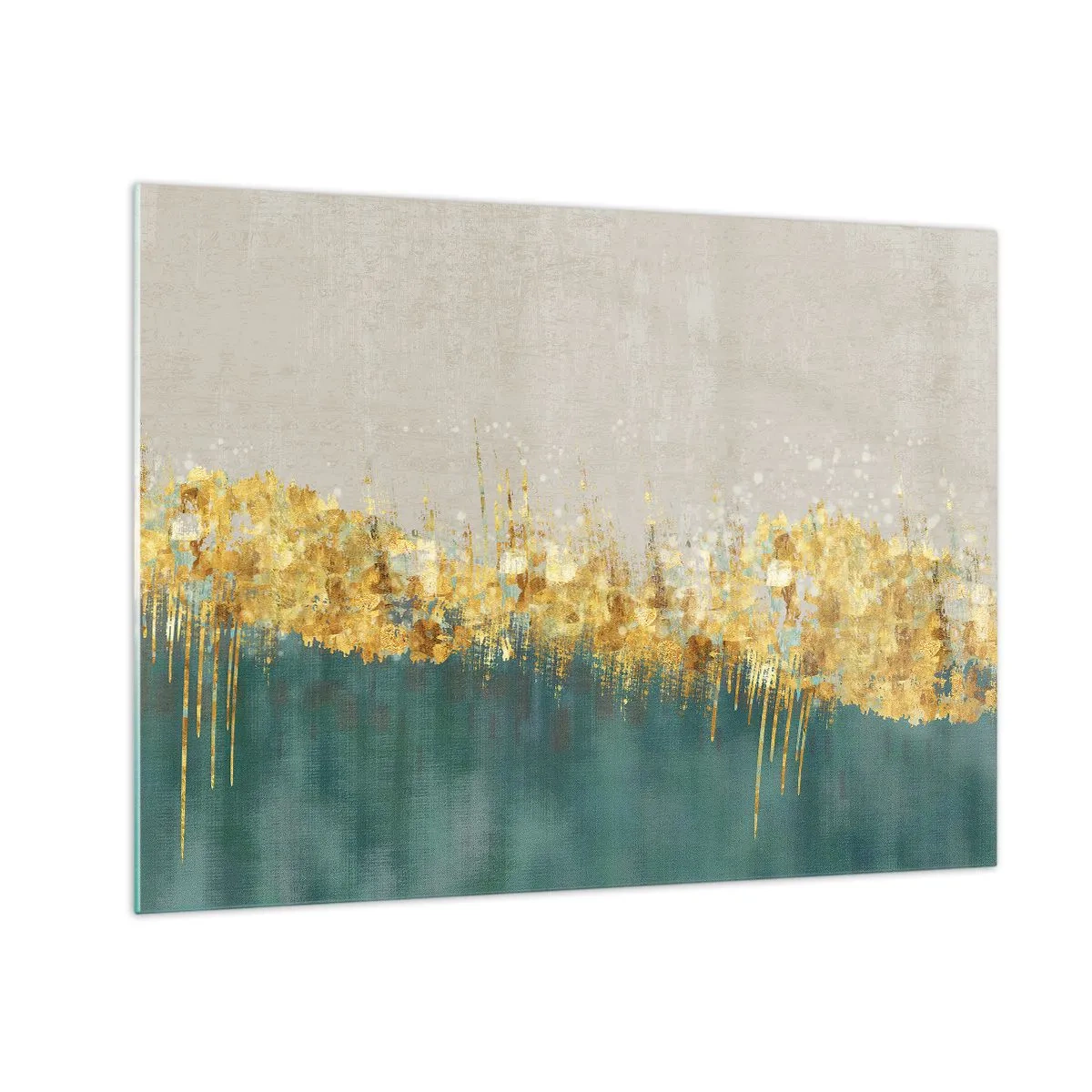 Quadro em vidro - Os detalhes dourados criam uma fronteira entre o bege e o verde garrafa - 70x50cm - A fronteira dourada - Decoração de parede moderna para a sala de estar e quarto ARTTOR