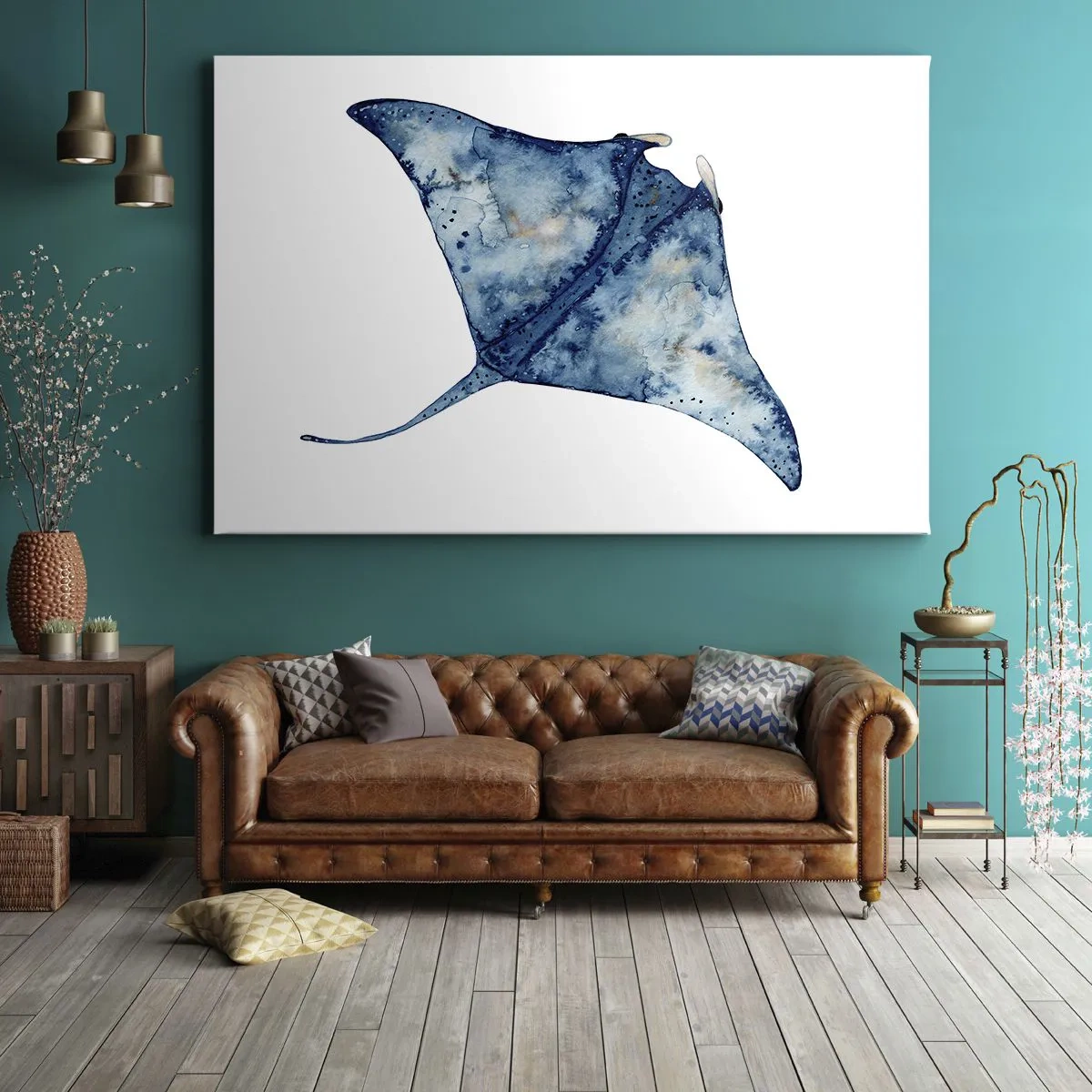 Quadro em tela - Arraia azul em estilo aquarela sobre fundo branco - 70x50cm - A vida em azul - Decoração de parede moderna para a sala de estar e quarto ARTTOR