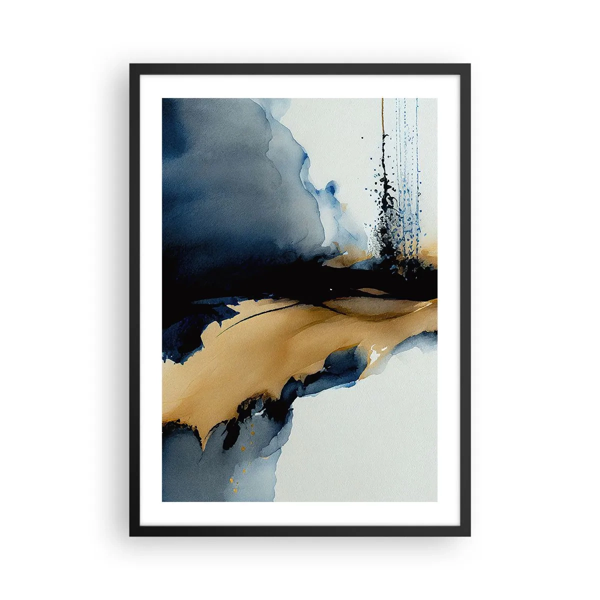 Pôster com moldura preta - Uma composição abstrata em tons de azul marinho e dourado - 50x70cm - Atrás da cortina - Decoração de parede moderna para a sala de estar e quarto ARTTOR